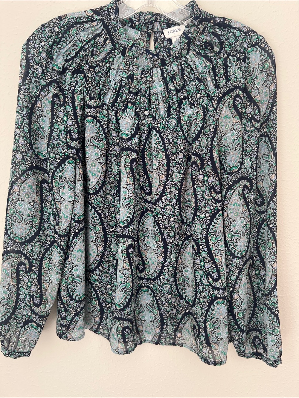 J. Crew Navy and Teal Paisley Blouse with Gathered Neck